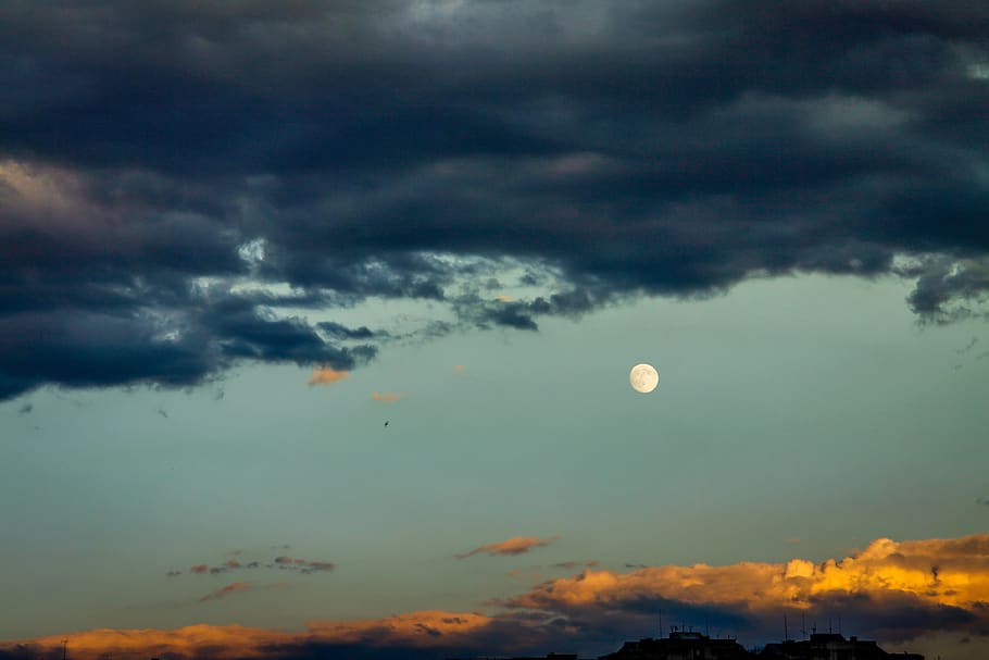 moon, sky, clouds, sunset, dark, night sky, heaven, light, travel HD wallpaper