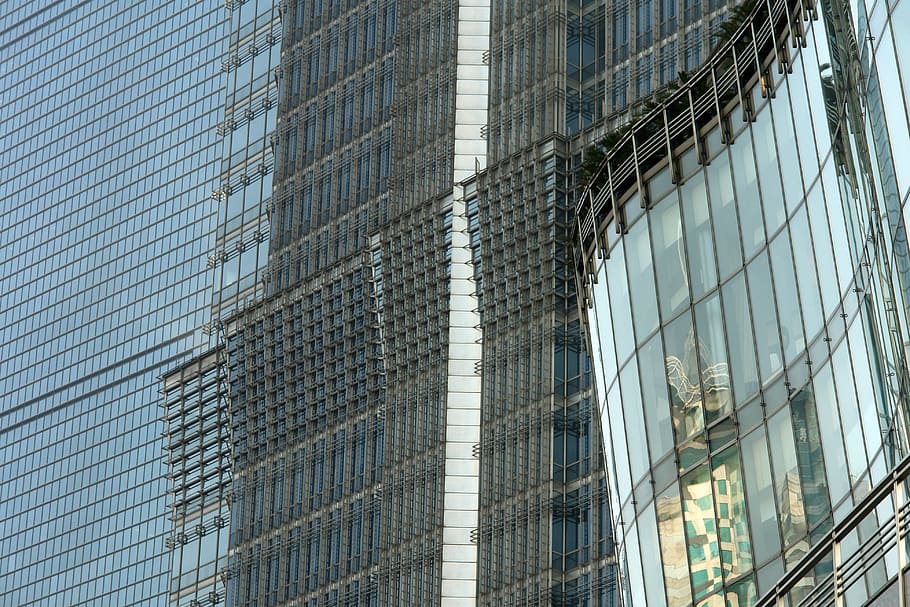 facade, glass facade, skyscraper, mirroring, glass window, discs HD wallpaper