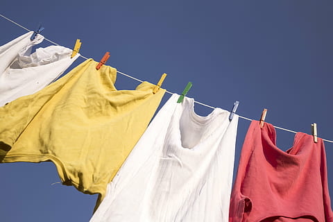 four clothes hanged on wire, washing, blue sky, clothing, laundry HD wallpaper