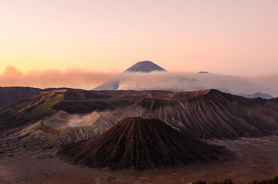 silhouette photo volcanoes during golden hour, two volcanos during daytime HD wallpaper