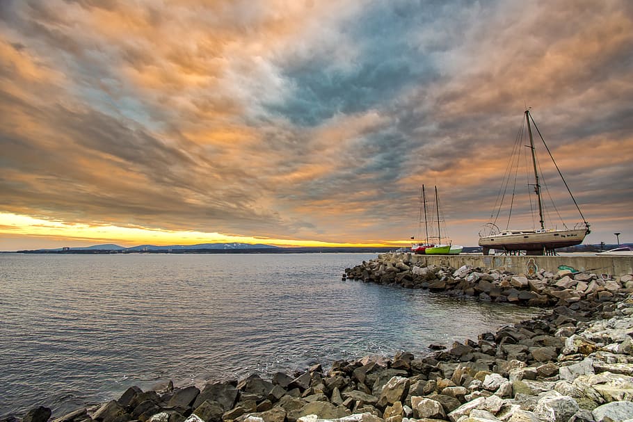 blue sea under orange sky, water, cloud, seashore, primorsko HD wallpaper