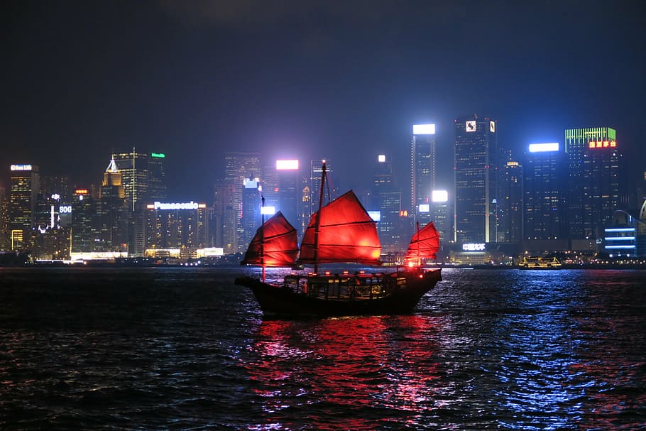 hang kong, boat, night, cityscape, nautical Vessel, hong Kong HD wallpaper