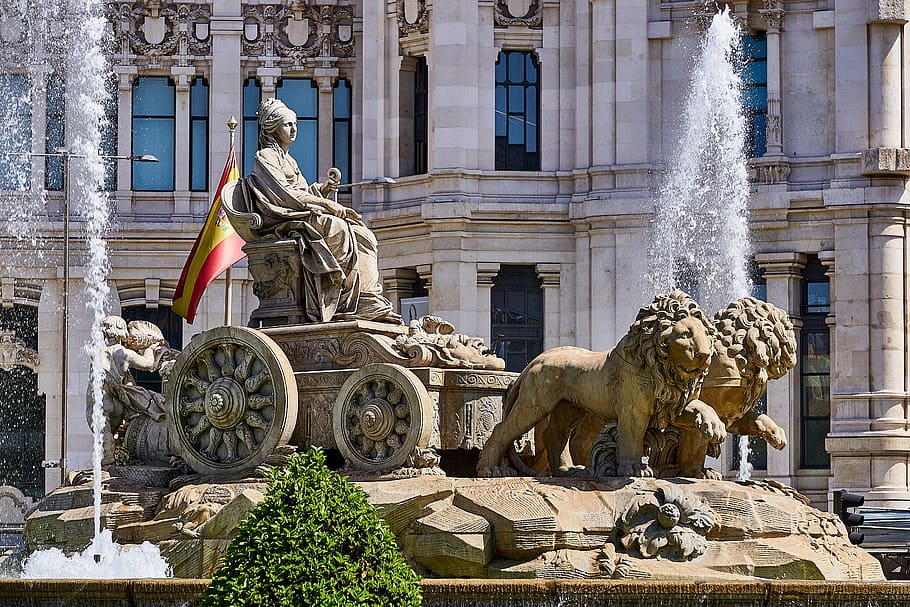 person riding carriage with two lions statue, spain, madrid, cybele, HD wallpaper