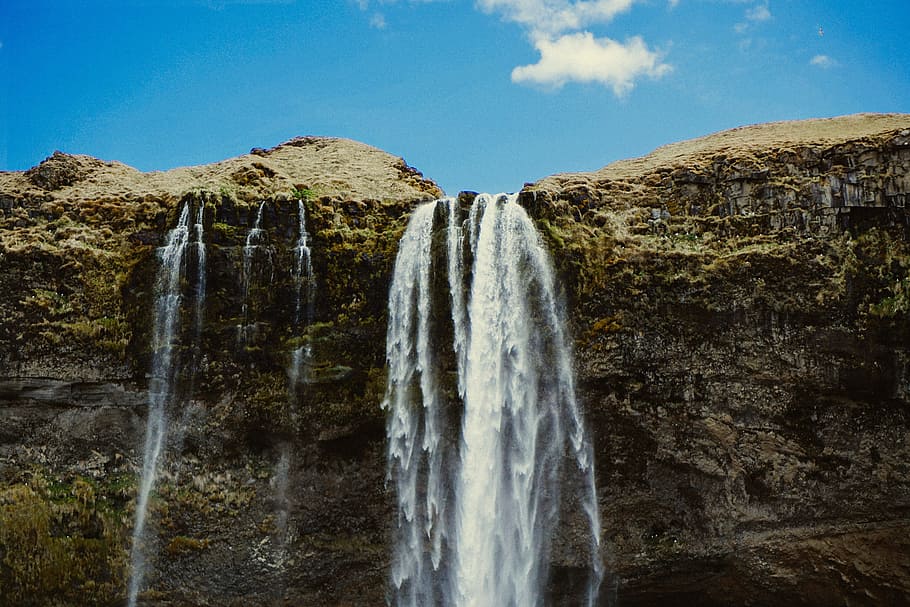 waterfall, nature, rocks, hill, moss, clouds, scenics - nature HD wallpaper