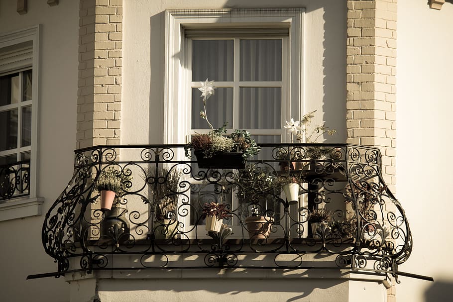 balcony, iron, wrought iron, blacksmithing, flowers, facade HD wallpaper