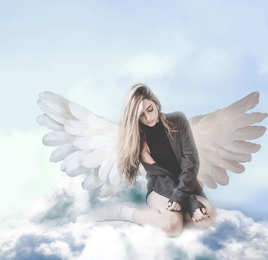 woman with wing sitting on clouds, angels, wings, heaven, religion, HD wallpaper