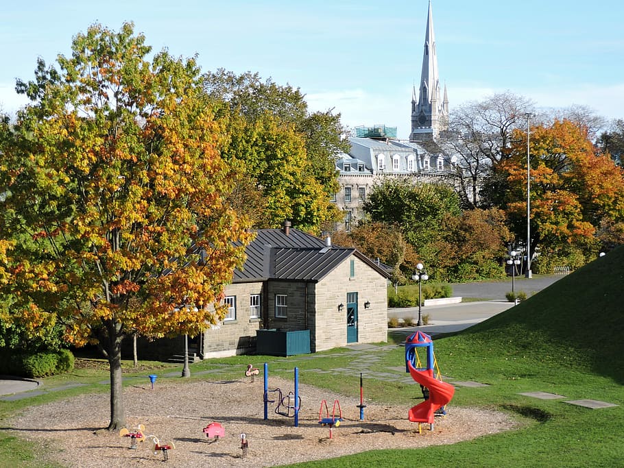 tree, outdoors, architecture, fall, house, park, quebec, canada HD wallpaper