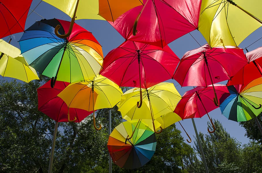 Umbrella, Umbrellas, Colors, multi colored, hanging, variation HD wallpaper