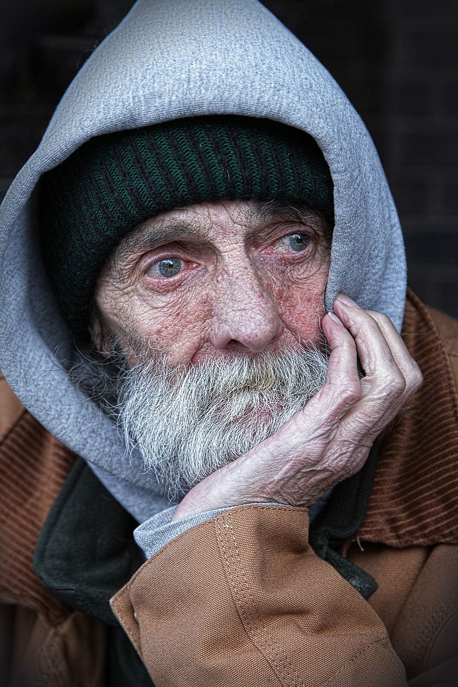 portrait photography of man in gray hoodie, people, peoples, homeless