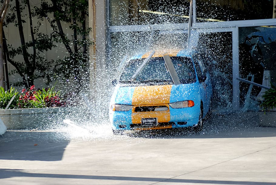 blue and yellow car in car wash during daytime, fail, car crash HD wallpaper