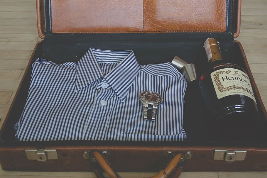 striped collared shirt and liquor bottle in suitcase, men, glass, HD wallpaper
