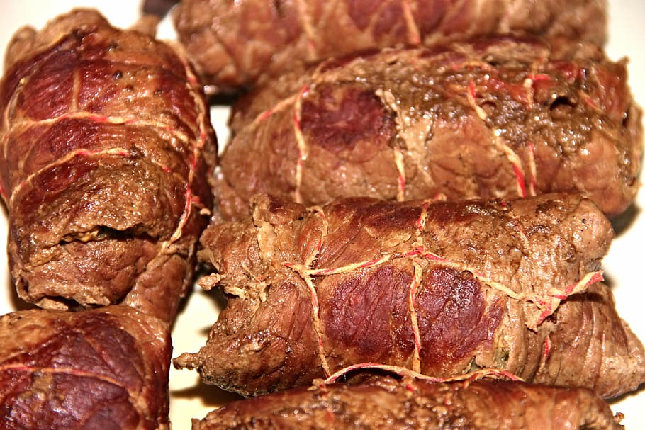 well done grilled meat, roulades, beef roulades, meat rolls, main course, HD wallpaper