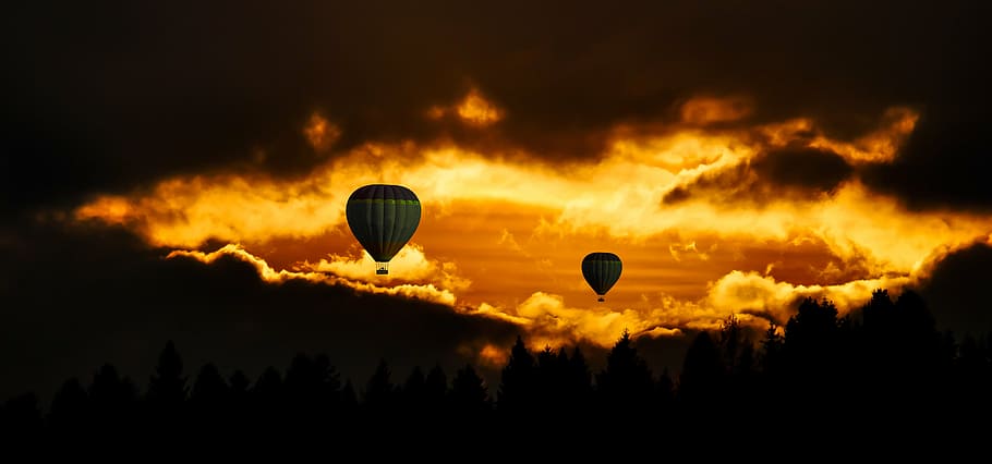 silhouette of hot air balloon, travel, fly, sky, sunset, mood