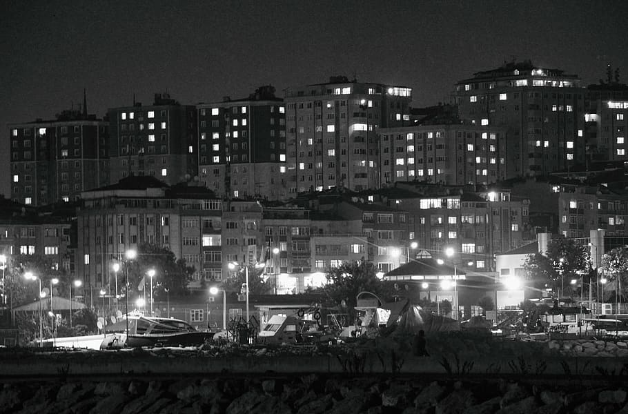 dark city, black and wight, urban, night, night city, city at night, HD wallpaper