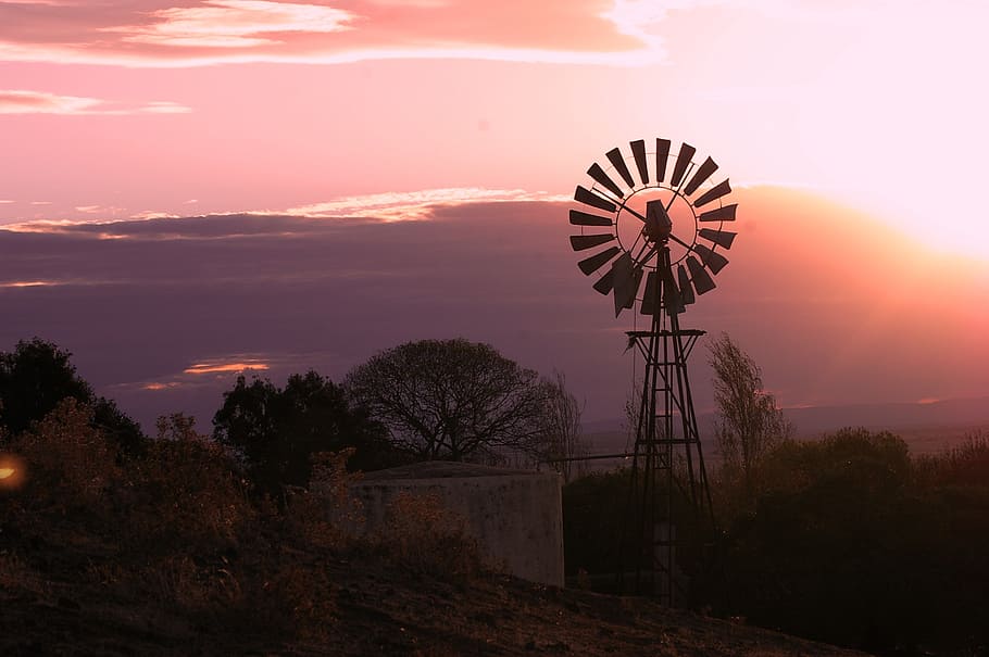 windmill, sunset, hues, rural, sky, nature, renewable energy HD wallpaper