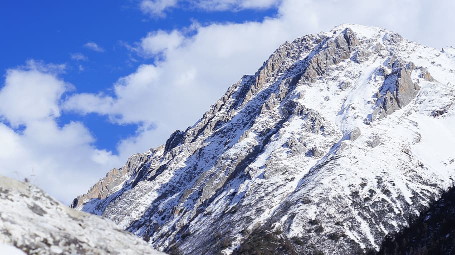 snow mountain, blue sky, white cloud, winter, cold temperature HD wallpaper