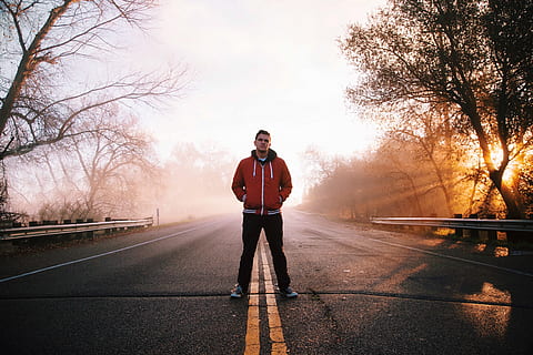 man standing on paved road near trees, guy, street, jacket HD wallpaper