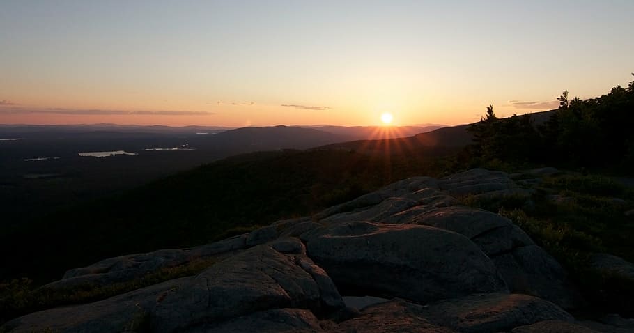 sunset, panorama, view, mountains, landscape, scenic, atmospheric HD wallpaper