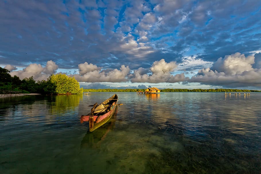 brown canoe on body of water, lagoon, boat, morning, the water shed, HD wallpaper