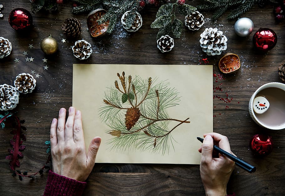 person holding painting on pine cone, drawing, hand, pen, art