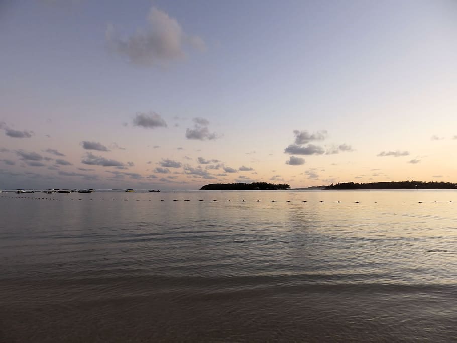 ocean, sea, water, twilight, clouds, sunset, cove, island, mauritius HD wallpaper