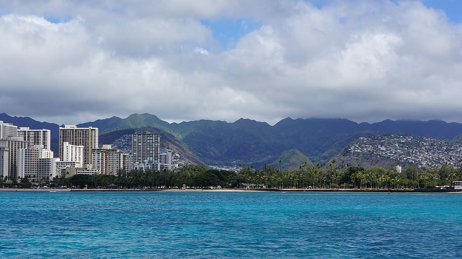 skyline, beach, city, ocean, scenic, downtown, mountain, clouds HD wallpaper