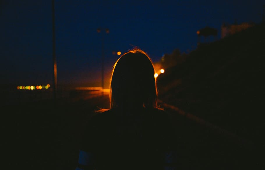 woman facing lights in the middle of road, cloud, mountain HD wallpaper