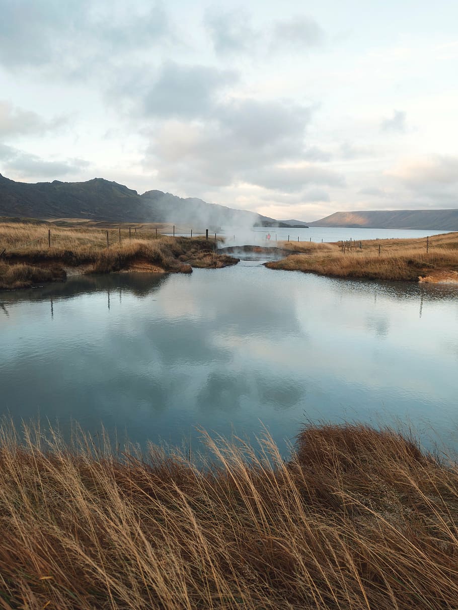 calm body of water near hot spring, nature, landscape, clouds HD wallpaper