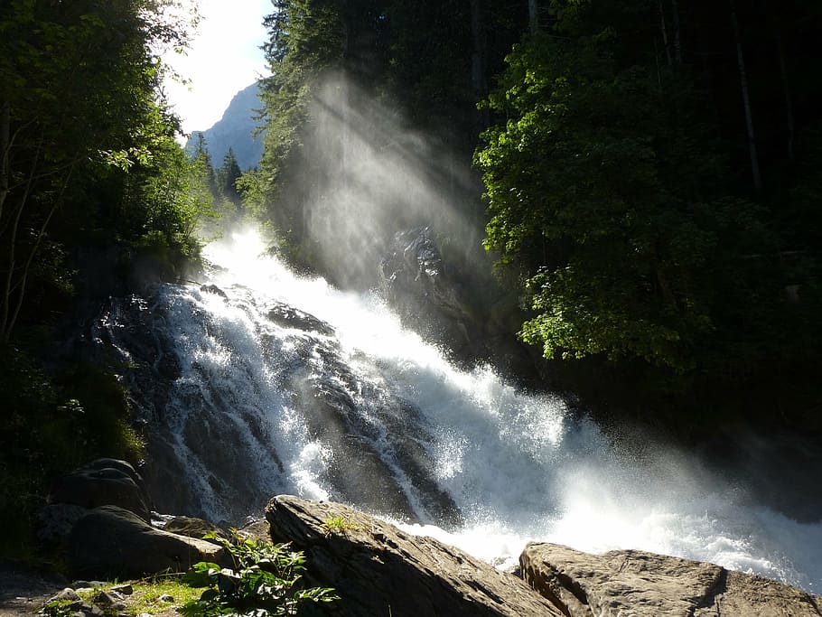 waterfall, mountain stream, forest, nature, summer, alpine, HD wallpaper