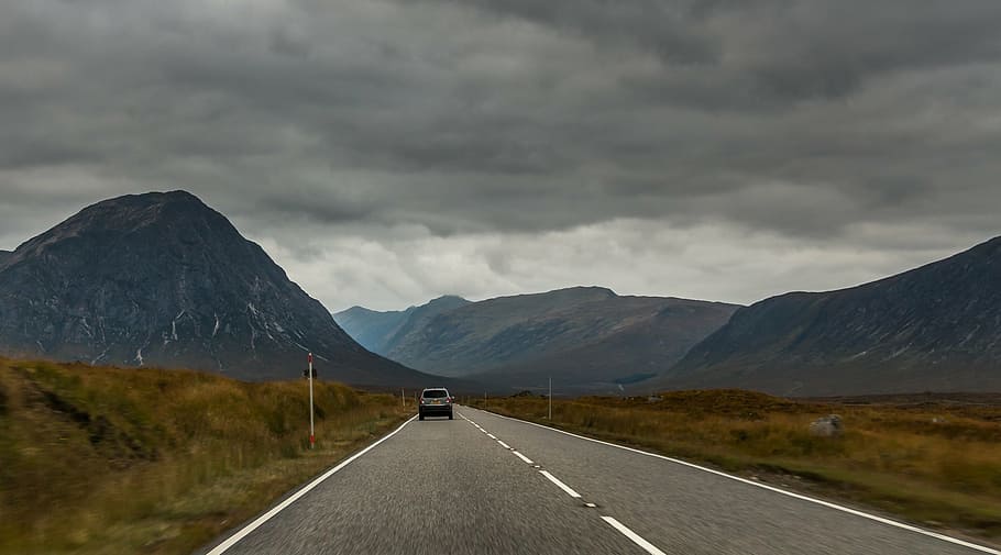 scotland, glencoe, nature, path, car, mountains, country, ride, HD wallpaper