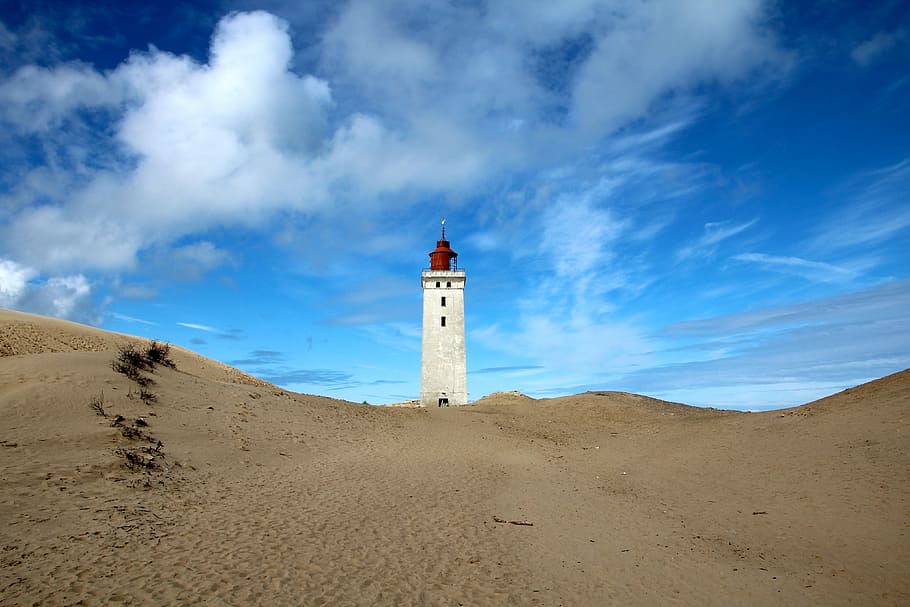 sand, guy, sky, clouds, rubjerg knot, lighthouse, land, guidance HD wallpaper