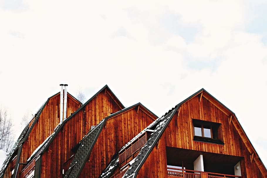 building, brown, wood, rooftop, snow, winter, architecture HD wallpaper