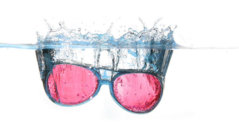 Black Framed Red Aviator Sunglasses on Water, dip, splash, studio shot HD wallpaper