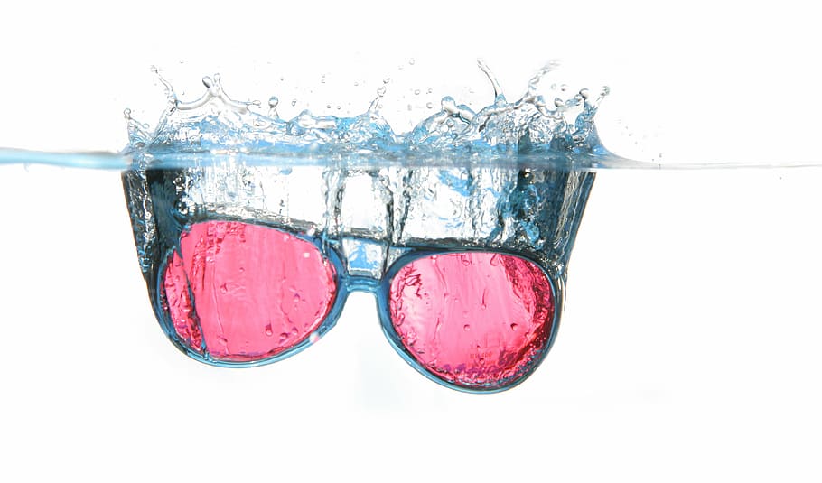 black framed red lens sunglasses in water, spray, water surface, HD wallpaper