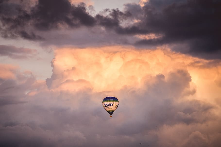 white and blue hot air balloon during daytime, clouds, dawn HD wallpaper