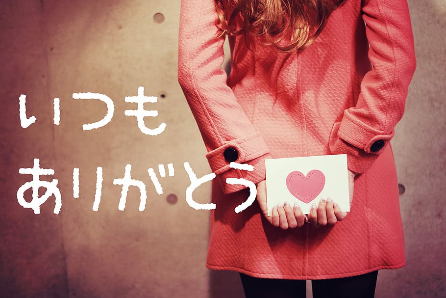 woman wearing pink coat holding envelope, women, blackboard, love HD wallpaper