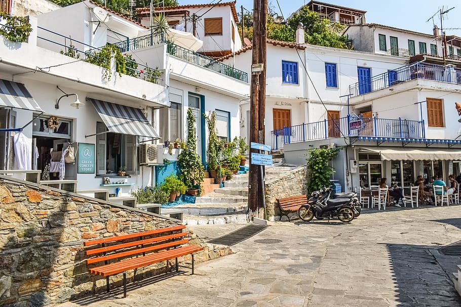 HD wallpaper: white concrete houses under blue sky, greece, skopelos