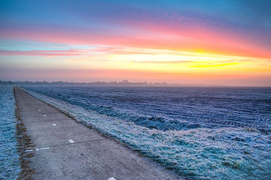 clear path road, bike, cold, sunrise, yellow, orange, blue HD wallpaper