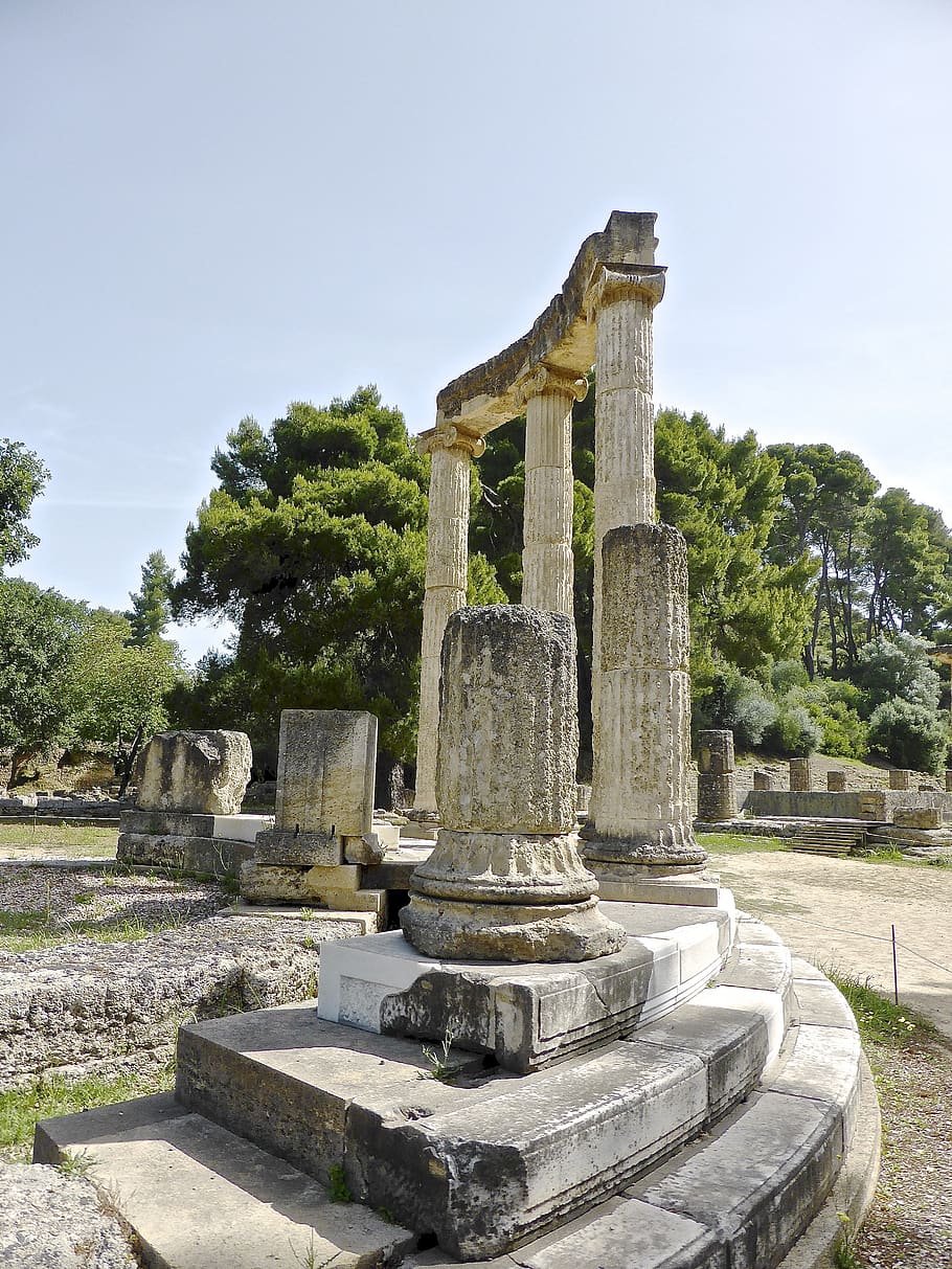 columns, olympia, corinthian, stone, archeology, classical