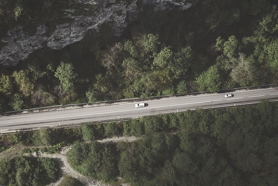 aerial photo of gray concrete in the middle of forest with two cars, two white vehicles on gray concrete road between the trees during daytime, HD wallpaper