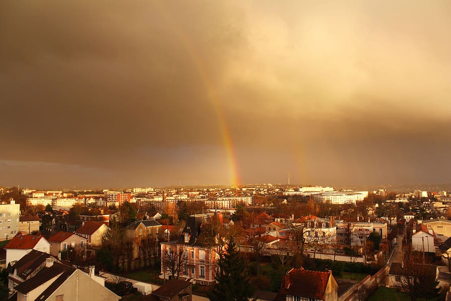 rainbow, sunset, sky, storm, building exterior, cityscape, architecture HD wallpaper