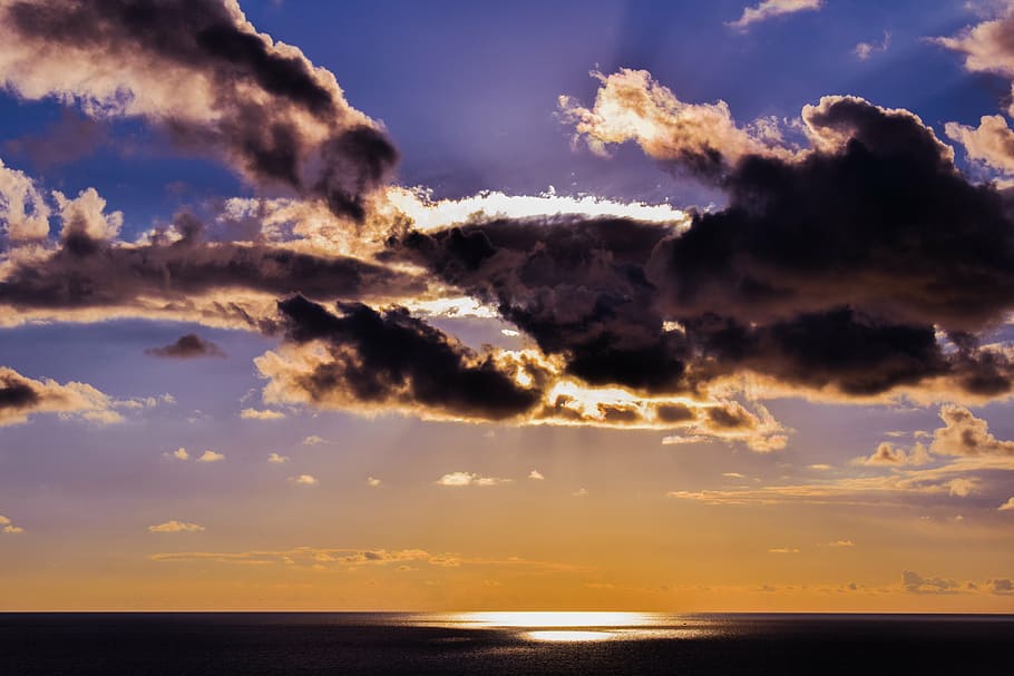 sunset, clouds, sky, colors, sunlight, sunbeam, horizon, heaven HD wallpaper