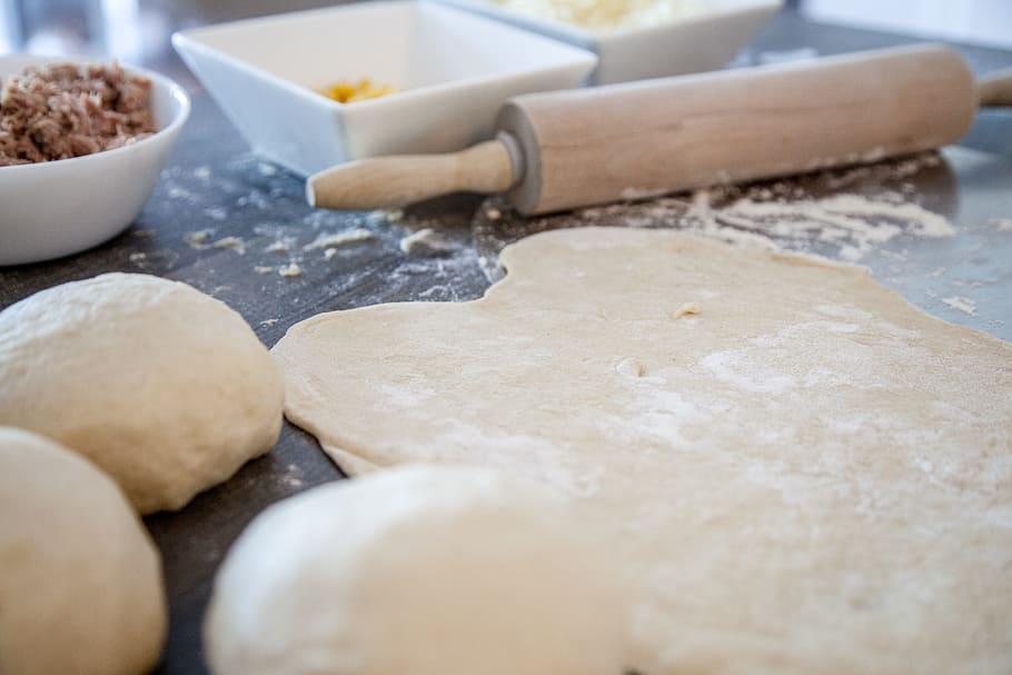 photo of rolling pin beside dough on table, Pizza, Pizza, Pizza Dough