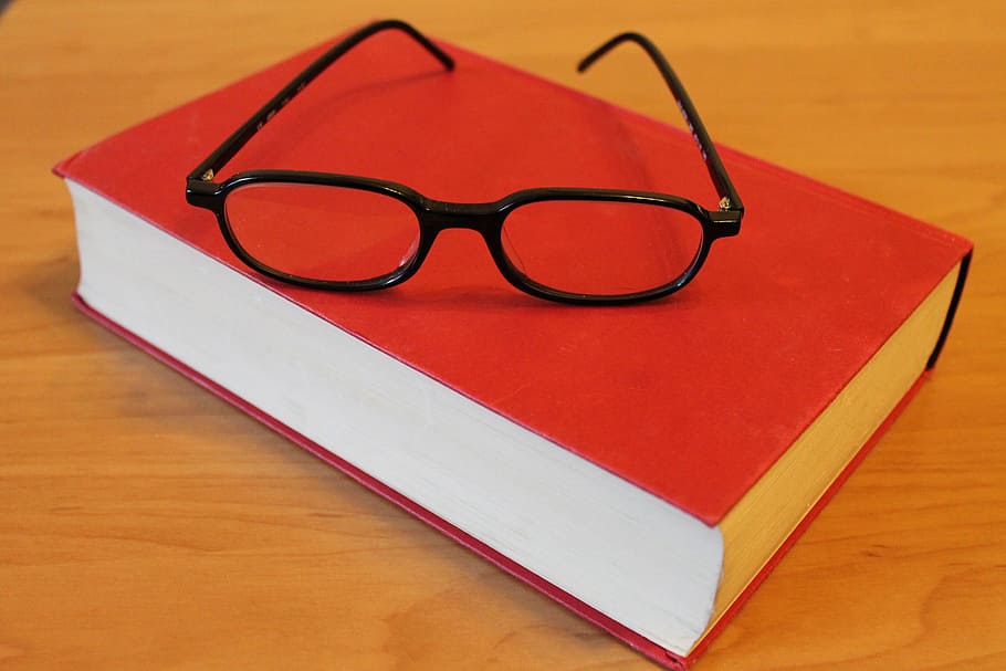 black framed eyeglasses on red closed book, read, education HD wallpaper