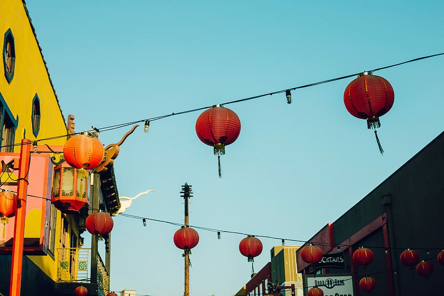 photo of red lanterns, red lantern lamp, building, street, blue HD wallpaper