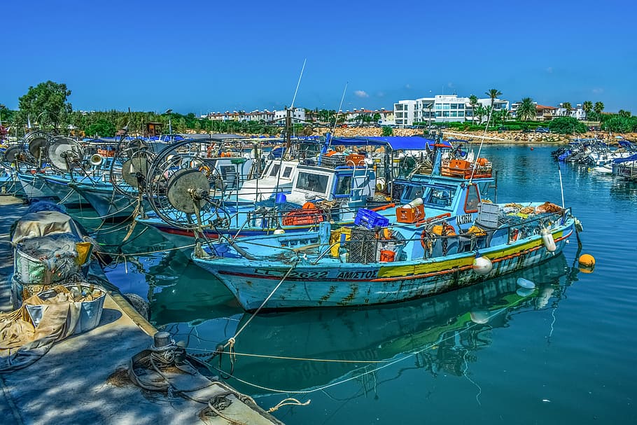 blue fish boat beside dock, fishing harbor, scenery, island, mediterranean, HD wallpaper