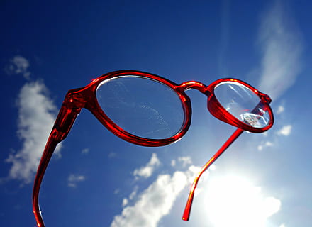red framed eyeglasses under blue sky at daytime, spectacles HD wallpaper