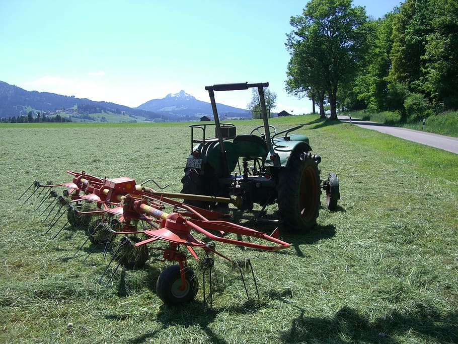 hay tedders, tractor, agriculture, fieldwork, greened, allgäu, HD wallpaper