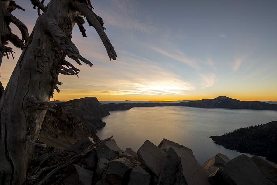 body of water during sunset, person taking photo of sunrise, lake HD wallpaper