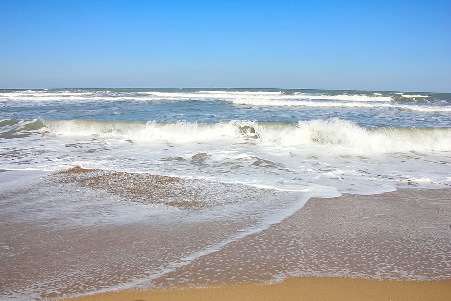 sea, sand, beach, wind, blue, wave, coast, nature, summer, spain HD wallpaper